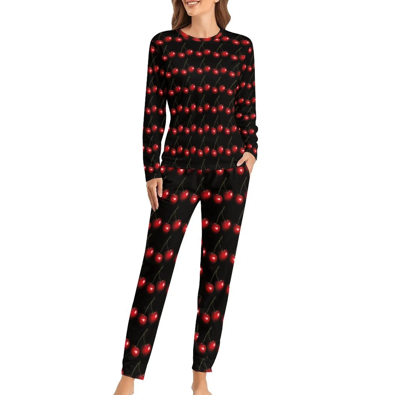 

Fresh Fruit Print Pajamas Long Sleeve Red Sweet Cherries 2 Piece Bedroom Pajamas Set Trendy Sleepwear Oversize Graphic Home Suit