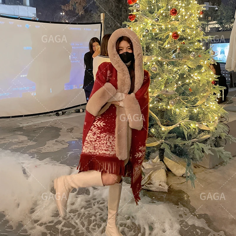

ZJZLL Fast Delivery 2022 Christmas New Year Festive Red Fleece-lined Thick Hooded Knitted Poncho Cape Women's Woolen Big Coat
