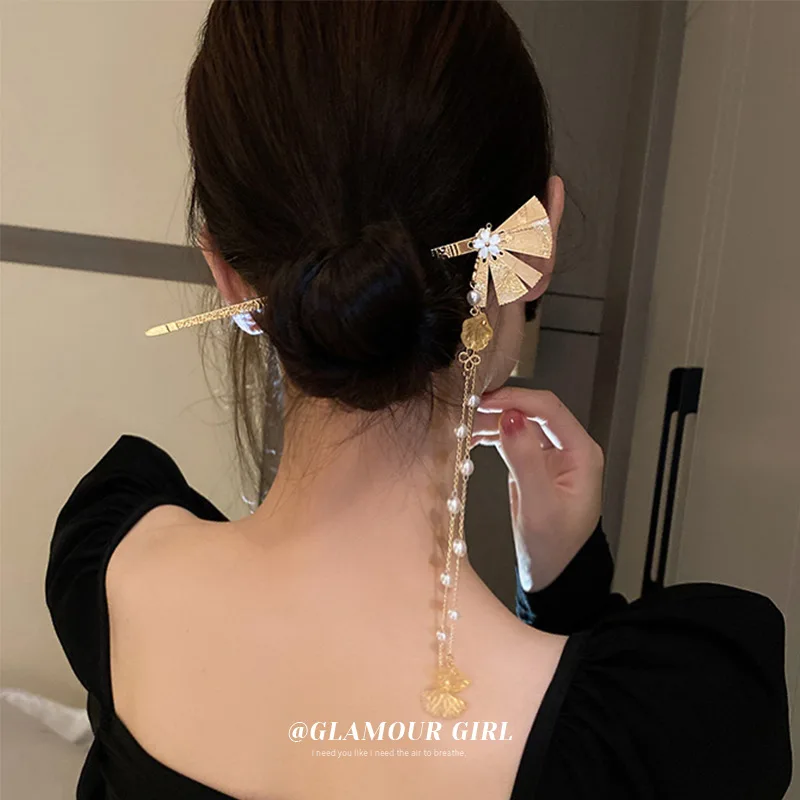 

Chinese Fanzi Flower Pearl Tassel Hairpin National Fashion Design Cheongsam Hanfu Advanced Hair Ornament