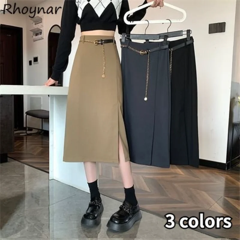 

Юбка Женская средней длины, базовая винтажная модная офисная трапециевидная юбка с завышенной талией, с разрезом, универсальная, в Корейском стиле, весна