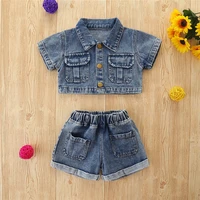 popodion 2022 new childrens summer denim clothing sets 2 pieces chd20614