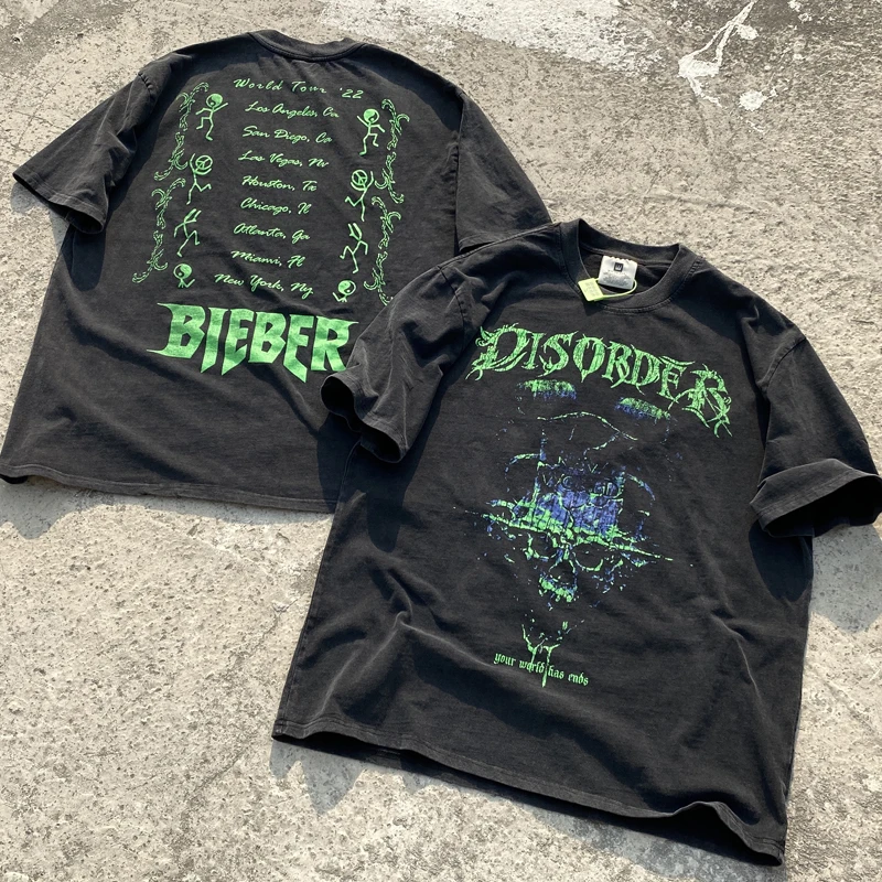 

Summer New Justin Bieber T-shirt Heavy Weight Do Old Water Wash Art High Street Short Sleeve Top Tee Couple Crewneck T Shirt