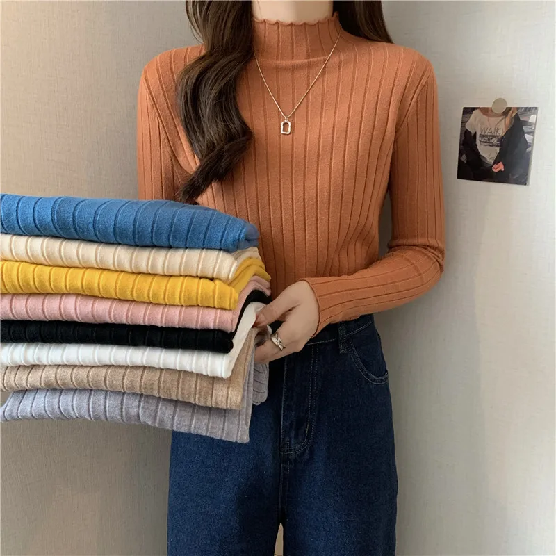 

New Arrivals Long Sleeve Sweater Women Pullovers Solid Black White Knitted Sweaters fashion half turtleneck Basic Bottoming Tops