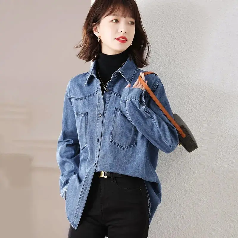 

Spring Camisa Jeans Feminina Shirt Cotton Female Long Sleeve Women's Denim Shirt Loose Korean Oversized Blouse Blusas Mujer E432
