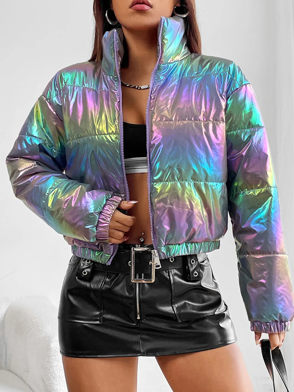 

Зимнее теплое плотное кожаное пальто, женская короткая парка, модное женское хлопковое пальто градиентного цвета, элегантное пальто на молнии, 2023