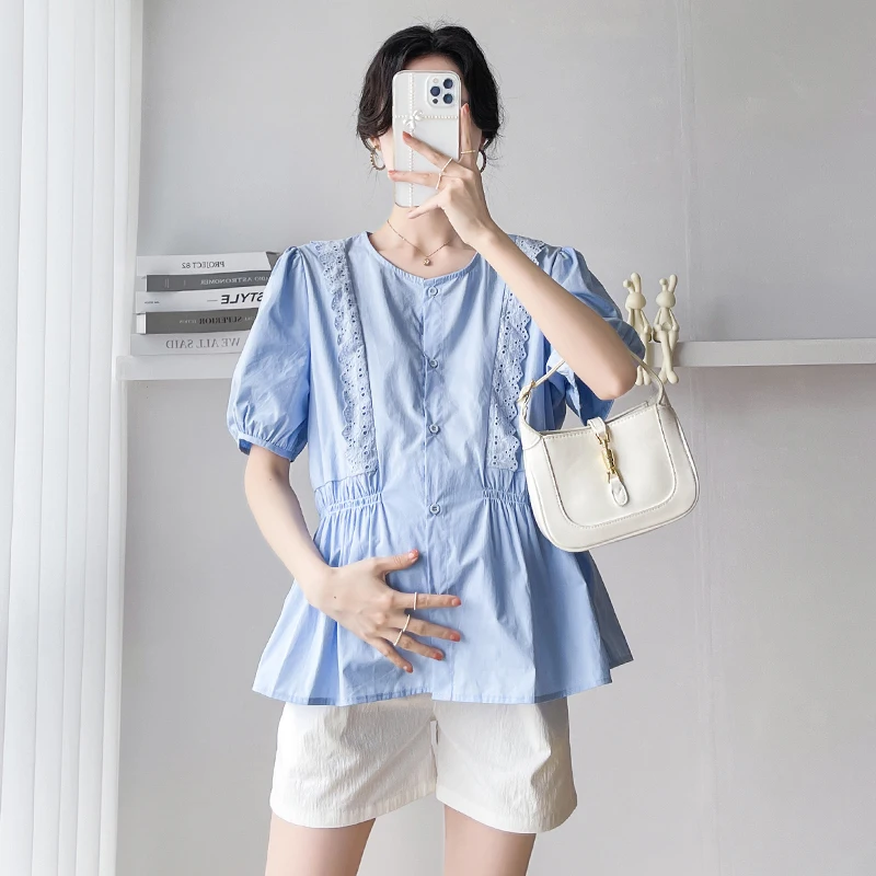 

9013# Summer Fashion Lace Patchwork Cotton Maternity Blouses Cute A Line Loose Tunic Clothes for Pregnant Women Pregnancy Tops