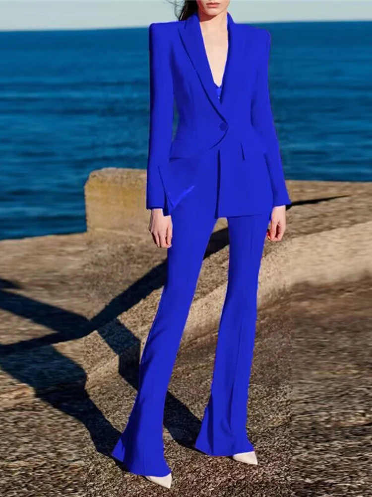 

HIGH STREET Newest 2023 Designer Runway Suit Set Women's Single Button Slim Fit Lapel Blazer Flare Pants Suit 2pcs Royal Blue