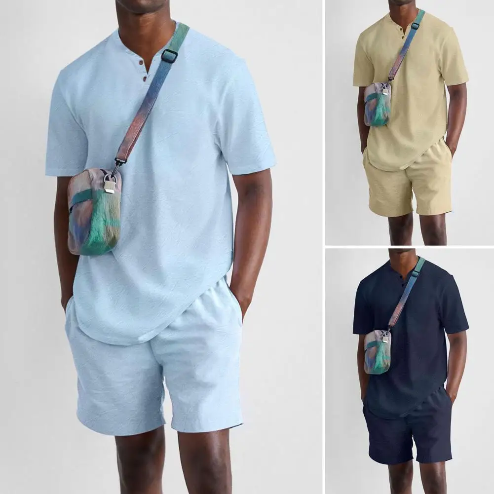 

2 шт./компл. летний комплект из футболки, повседневный летний комплект из мягкой ткани со средней талией и карманами, Мужской комплект из топ...