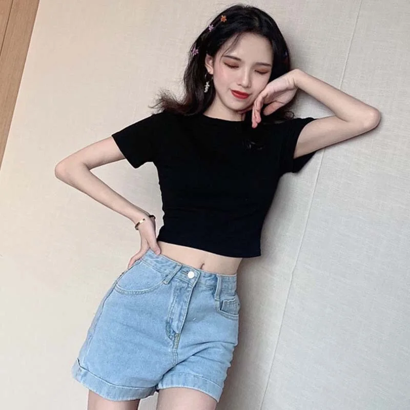 

W2050 -2021 summer new Korean short bottoming shirt net red slim slimming solid color short-sleeved T-shirt female