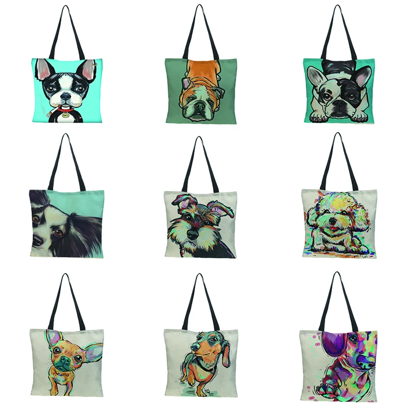 

Dog Painting Printed Designer Handbag Eco Reusable Shopping Bags For Groceries Women's Casual Tote