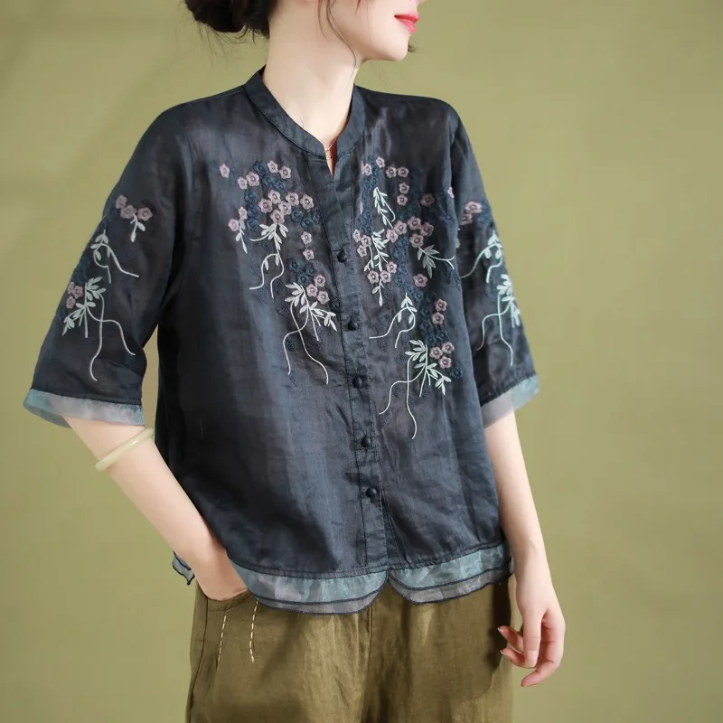 

Embroidery Women's Shirts Chinese Style Blouses Loose 2023 Summer New Ladies Clothing Short Sleeve Cotton Linen Tops YCMYUNYAN
