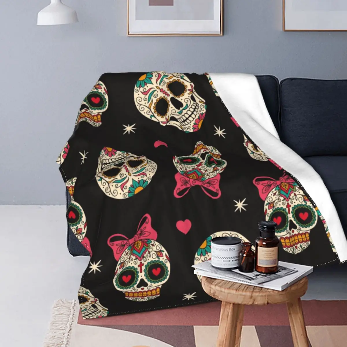 

Sugar Skull Flannel Blankets Mexican Style Funny Throw Blankets for Home 125*100cm Bedspread Throw Blanket Blankets