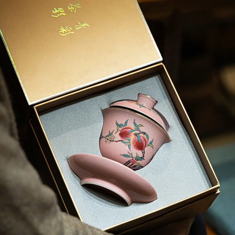 

Pink Peach Ceramic Gaiwan Tea Cup Antique Glaze Kung Fu Tea Set Tea Bowl with Cover Teacup Gaiwan Handpainted Tea Set Gift Box