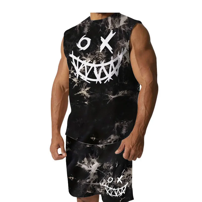 

Short Sleeve And Shorts Y2k Harajuku Clothing 2023 Summer New Casual Men's T-shirt Set 3d Smiley Face Cartoon Print Sleeveless