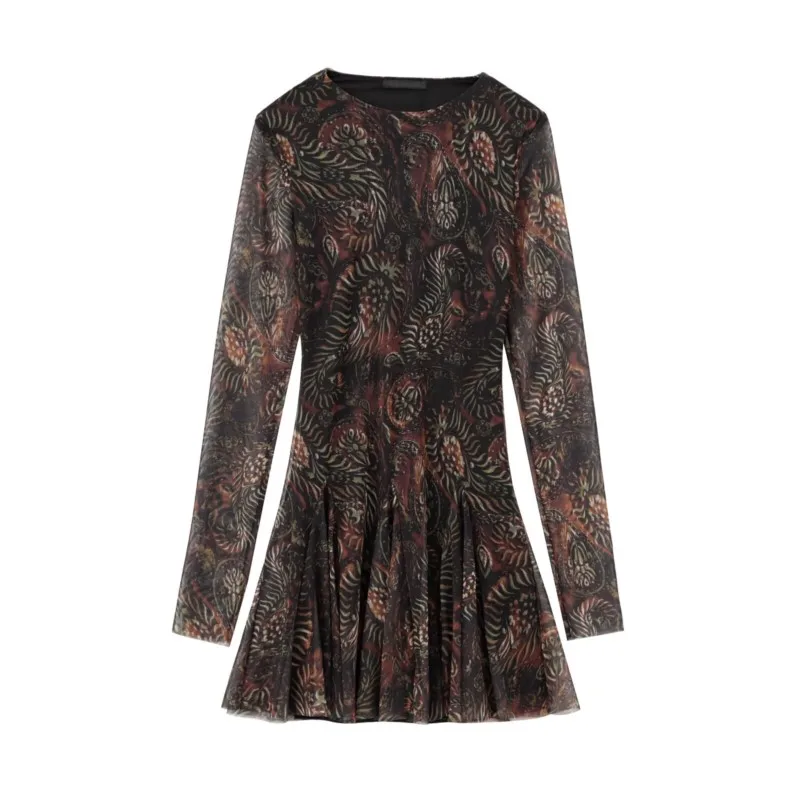 TRAF Осеннее женское длинное платье из шелковой сетки с принтом для модного платья