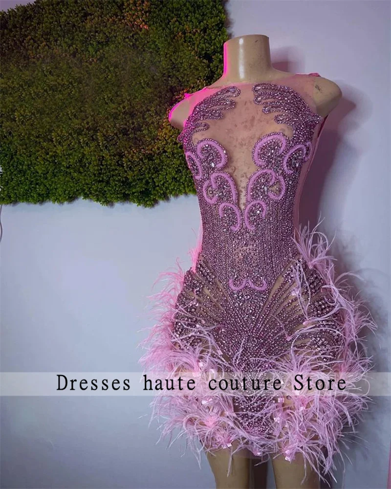 

Потрясающие блестящие роскошные бриллиантовые Женские коктейльные платья на день рождения, сексуальные прозрачные короткие мини-платья для выпускного вечера с розовыми перьями 2023