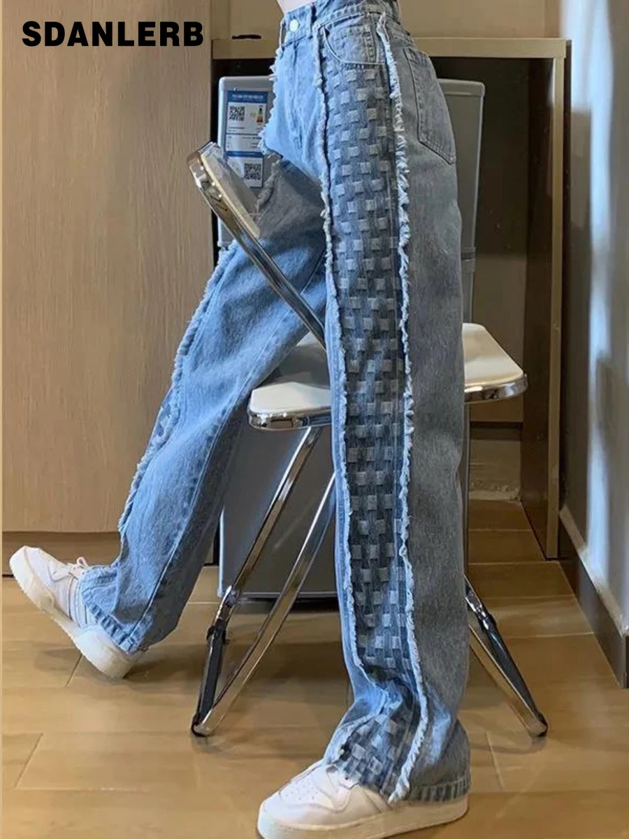 

Straight Jeans for Women 2022 Spring Autumn New Plaid Stitching High Waist Loose Denim Trousers Slimming Wide Leg Pants