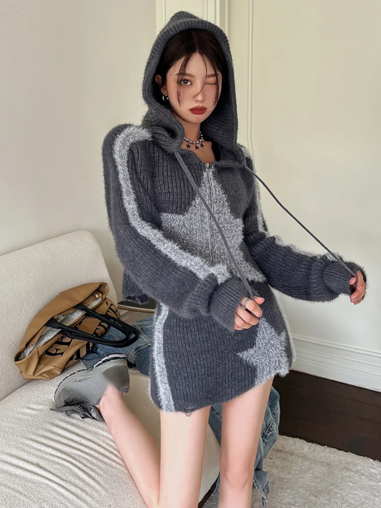 Женский винтажный укороченный свитер Y2K кардиган на молнии осенняя куртка с