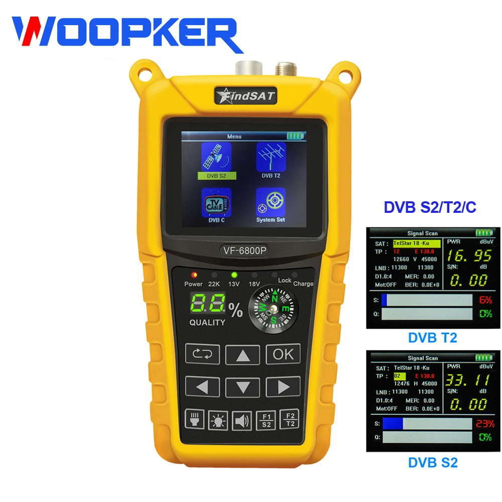 Woopker VF-6800P Digital Satellite Finder Combo Support DVB T2/ S2/ C Sat Finder Meter for Satellite TV Receiver DVBT2 Tuner