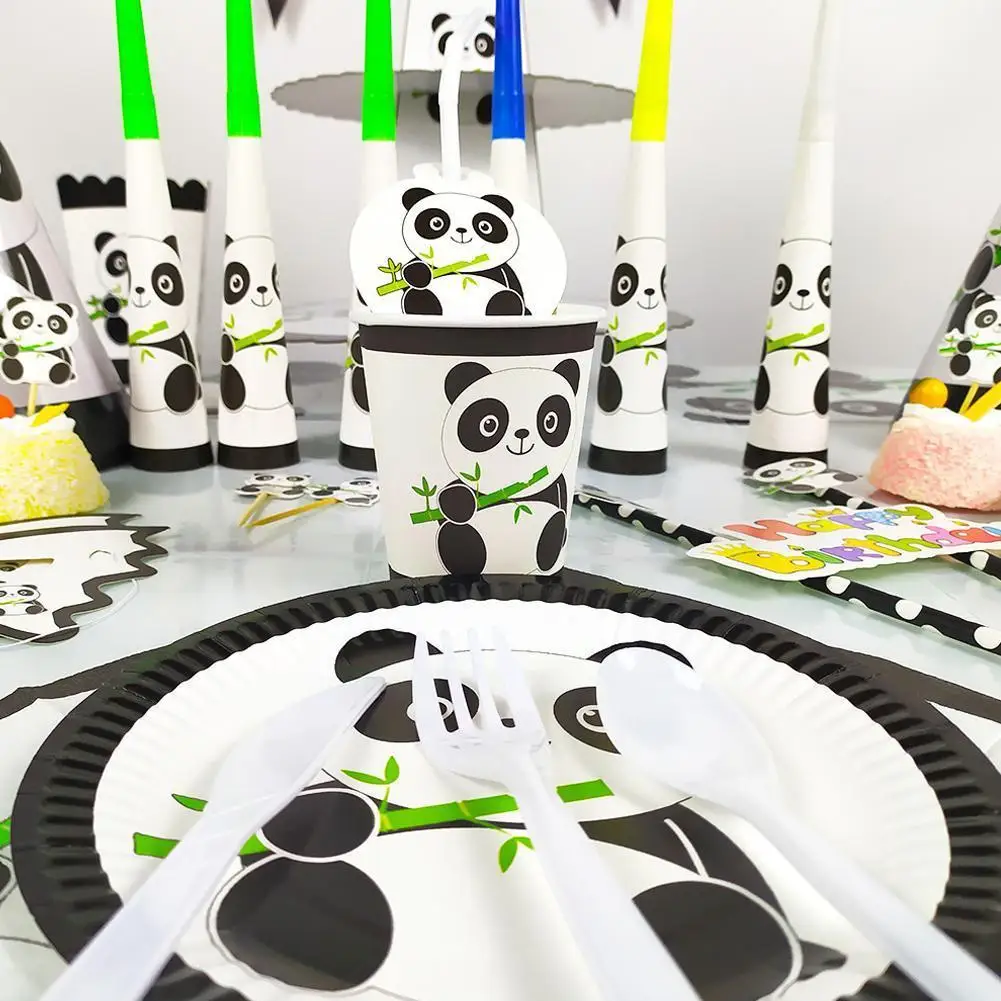 

Panda Theme Kids Birthday Party Supplies Bamboo Paper Banner Straw Boy Cake Plates Baby Cups Disposable Toppers Tableware S O8X9