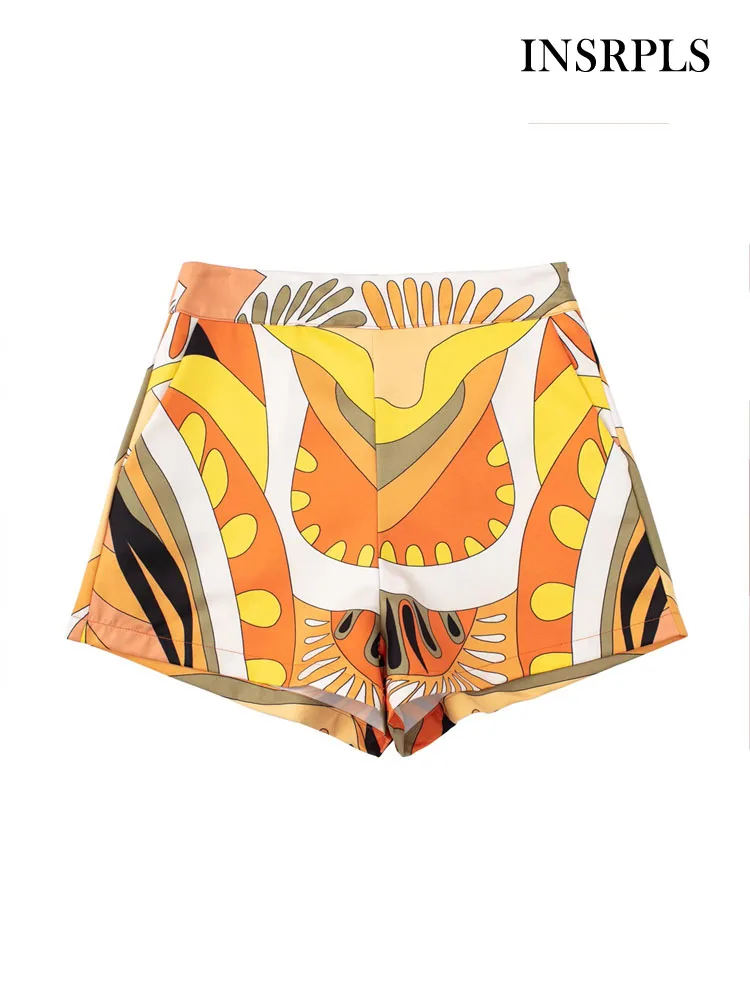 

INSRPLS Women Fashion Front Pockets Printed Shorts Vintage High Waist Zipper Fly Female Short Pants Mujer