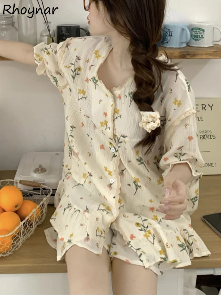 

2022 Summer Floral Pajama Sets Women Short Sleeve Sweet Cute New Collection Tender Outfit Home Night Sleepwear Aesthetic Casual