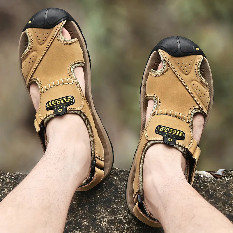 New Fashion Genuine Leather Men Shoes Summer Men's Sandals Anti-collision Fashion Beach Sandals Slippers Big Size 38-48