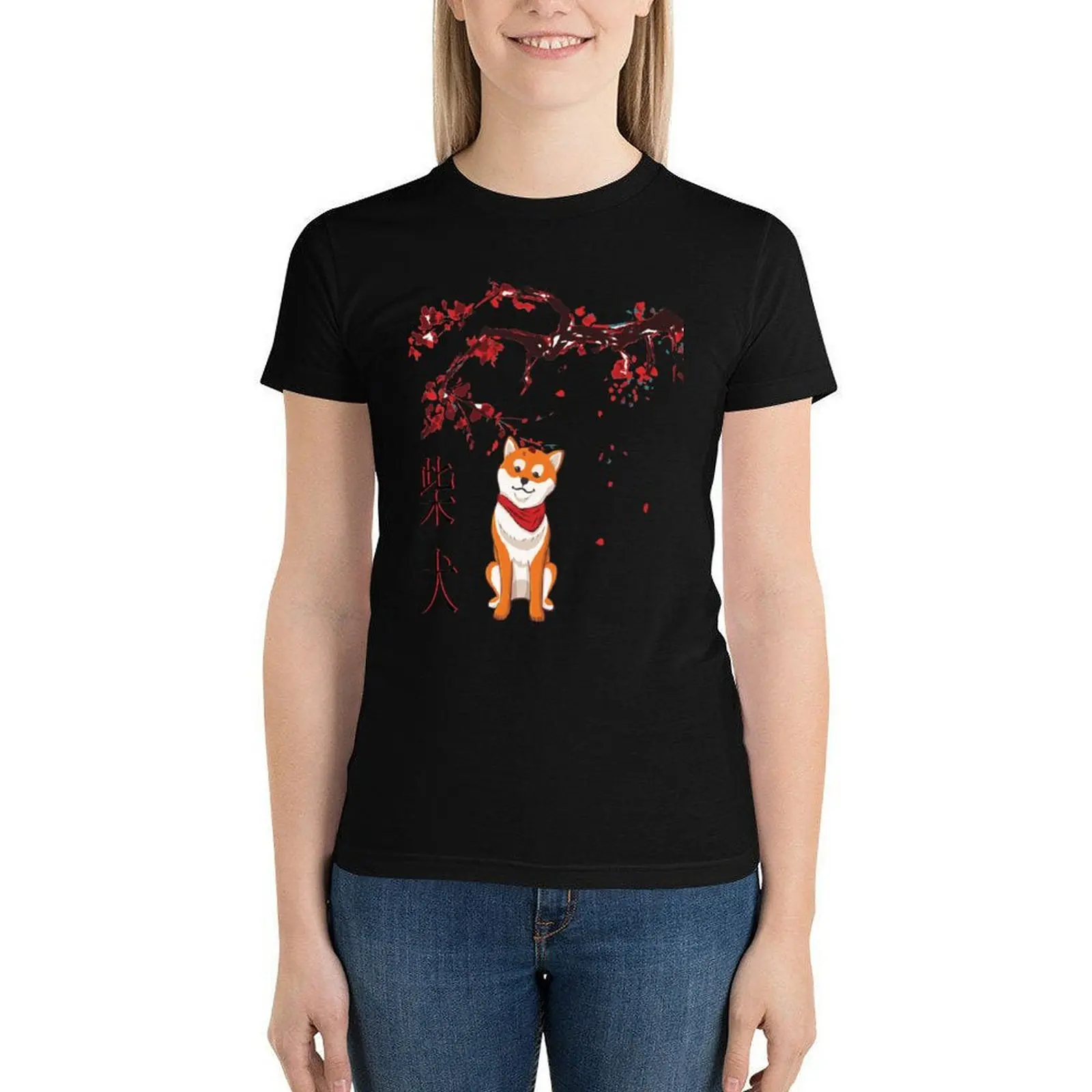 

Japanese Shiba Inu Dog T-Shirt Cherry Tree Sakura Ladies New Fashion 100 Cotton T Shirt Plus Size Short Sleeve Tee Shirt