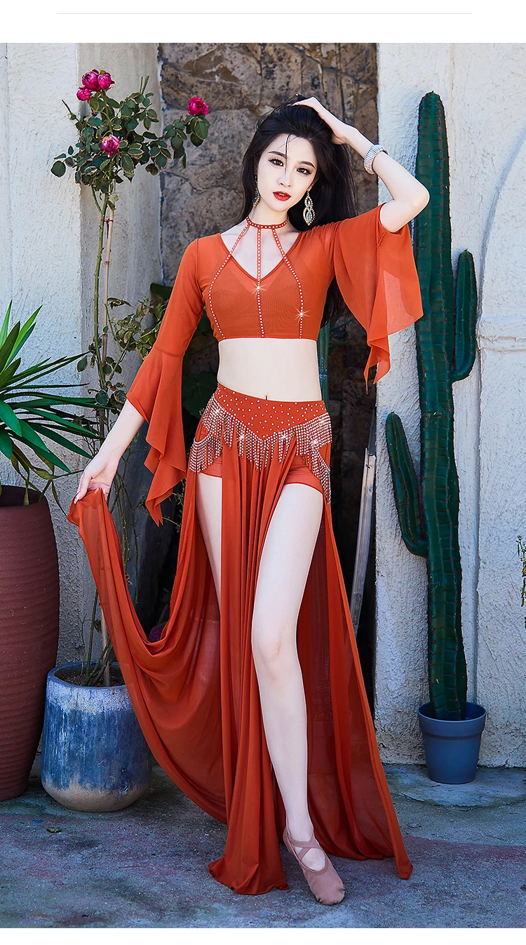 Комплект костюмов для танца живота топ с расклешенными рукавами + длинная юбка