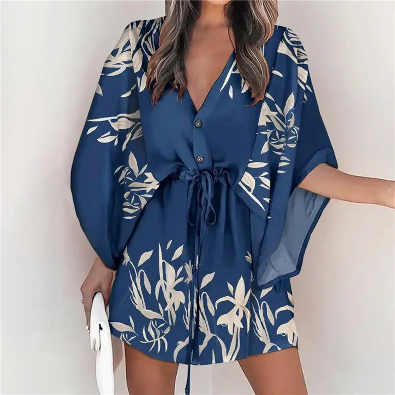 

Summer Beach Mini Dresses Women Boho Casual Print V Neck Lace Up Button Batwing Sleeve Female Sexy Party Dress Vestidos