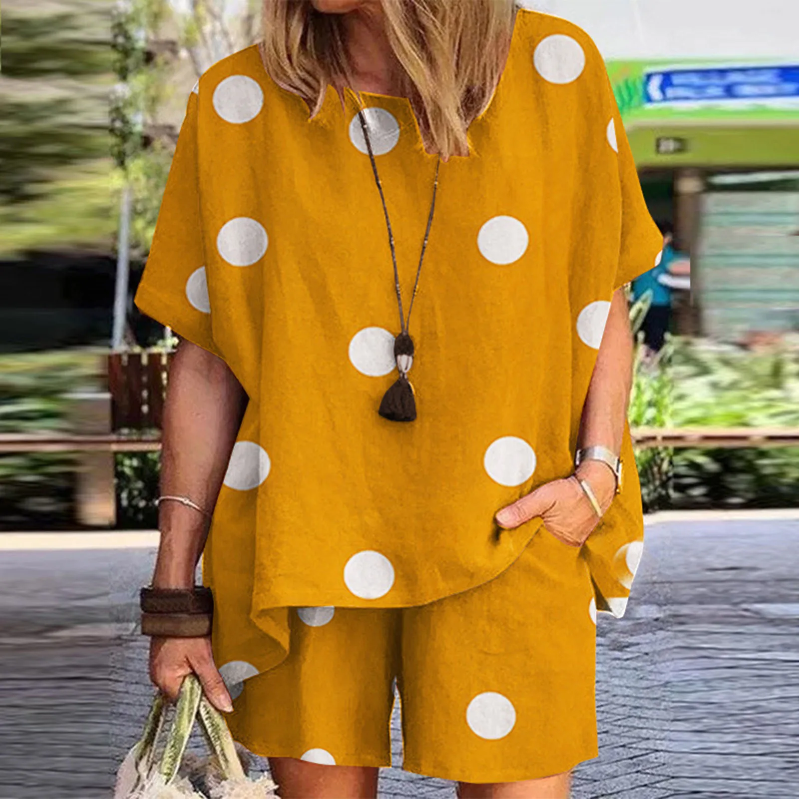 

Модный комплект из двух предметов с принтом, летний удобный дышащий Свободный Топ с коротким рукавом и шорты из хлопка и льна