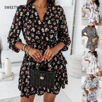 2022 fall casual long sleeve women princess dress fashion temperament v neck floral print loose double layer dress robe femme