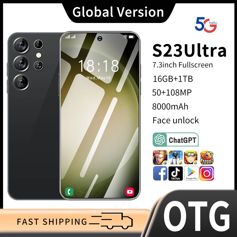 

S23 Ultra Smart Phone Snapdragon 888 16G+1TB 6800mAh 48MP+72MP 4G/5G Network Cellphone Android Mobile Phone Global Version