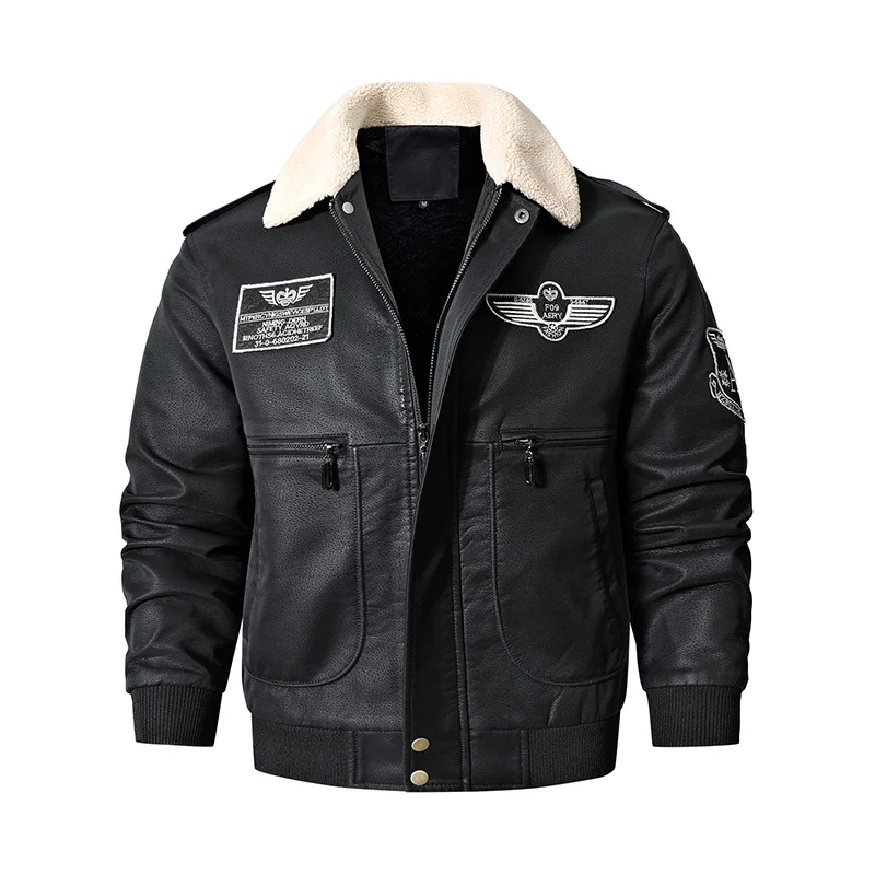 Men's Bomber Motorcycle Leather Jacket Vintage Brown Military Flight Coat Winter Fleece Faux Leather Pigskin Plus Size Jaqueta