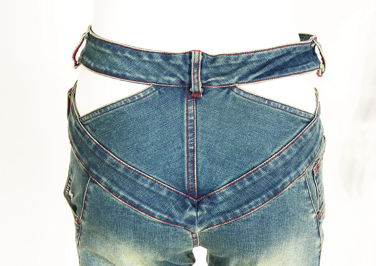 Women's 2023 Summer New Y2K Street Fashion Spicy Girl Personalized Cross Button Hollow Out High Waist Denim Flare Pants