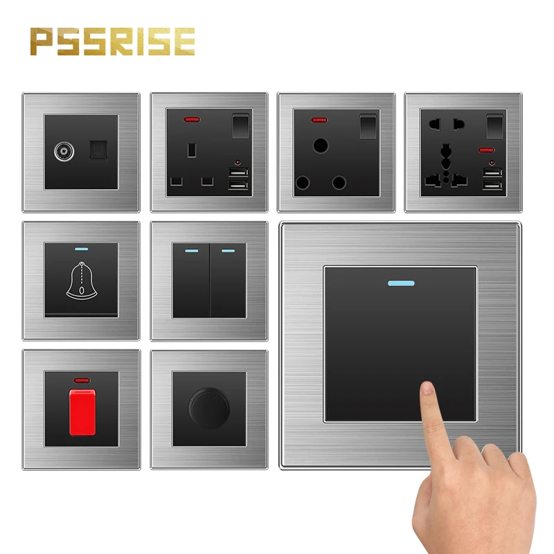 

PSSRISE C30 Series EU/UK/UN Wall Switch High Power Socket USB 250V Brushed Stainless Steel Panel Lamp Water Heater Switch 45A