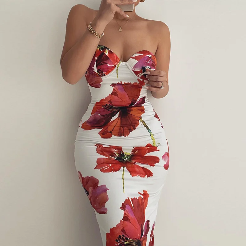 

Zoctuo Flower Print Tube Midi Dress Back Slit Bodycon Sexy Party Club Elegant Vintage Y2K Clothes Evening Birthday Holiday