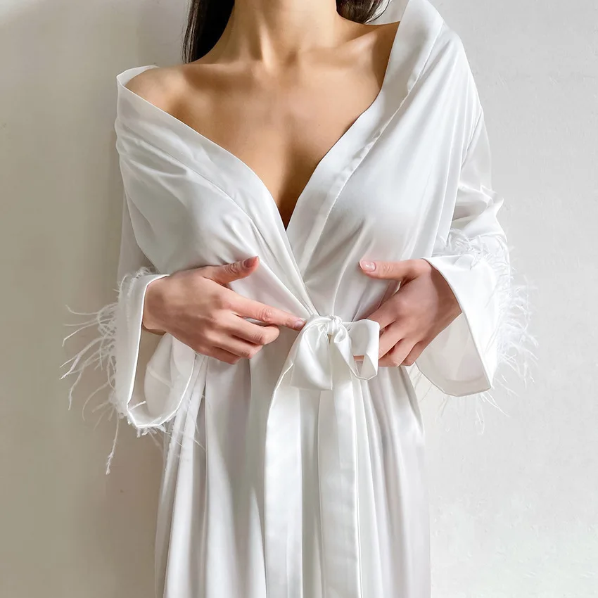 Retro French Style Satin Robes for Women Night Gown Sleepwear Ong-sleeved Feather White Satin Bow Pajamas Fashion Woman Robe Pjs