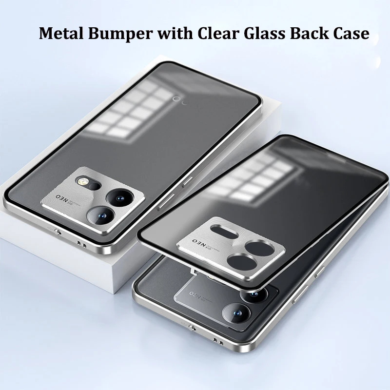 Магнитный металлический алюминиевый бампер Vivo IQOO Neo8 Pro с прозрачным закаленным