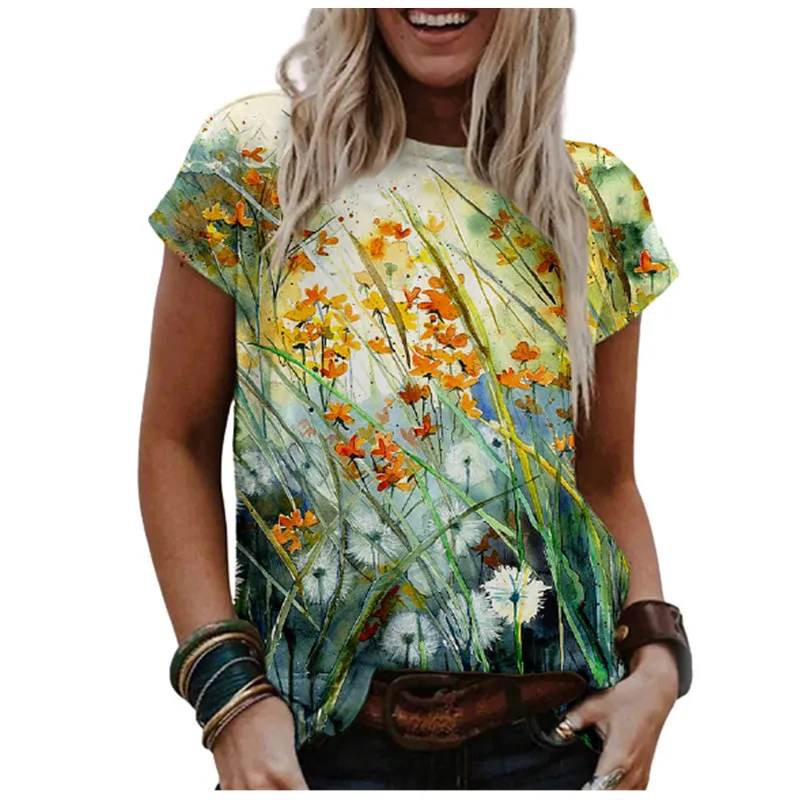 

Women 3D Plant Flowers Print T Shirt Summer Oversize Ladies Loose Tops Casual Short Sleeve O-Neck Cotton T Shirts Plus Size