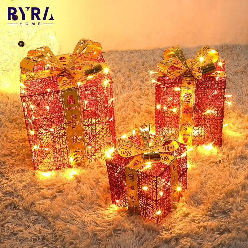 

Three-piece Christmas Glowing Decoration Gift Box Luminous Iron Hollow Gift Box Christmas Tree Ornaments Decor New Year 2023