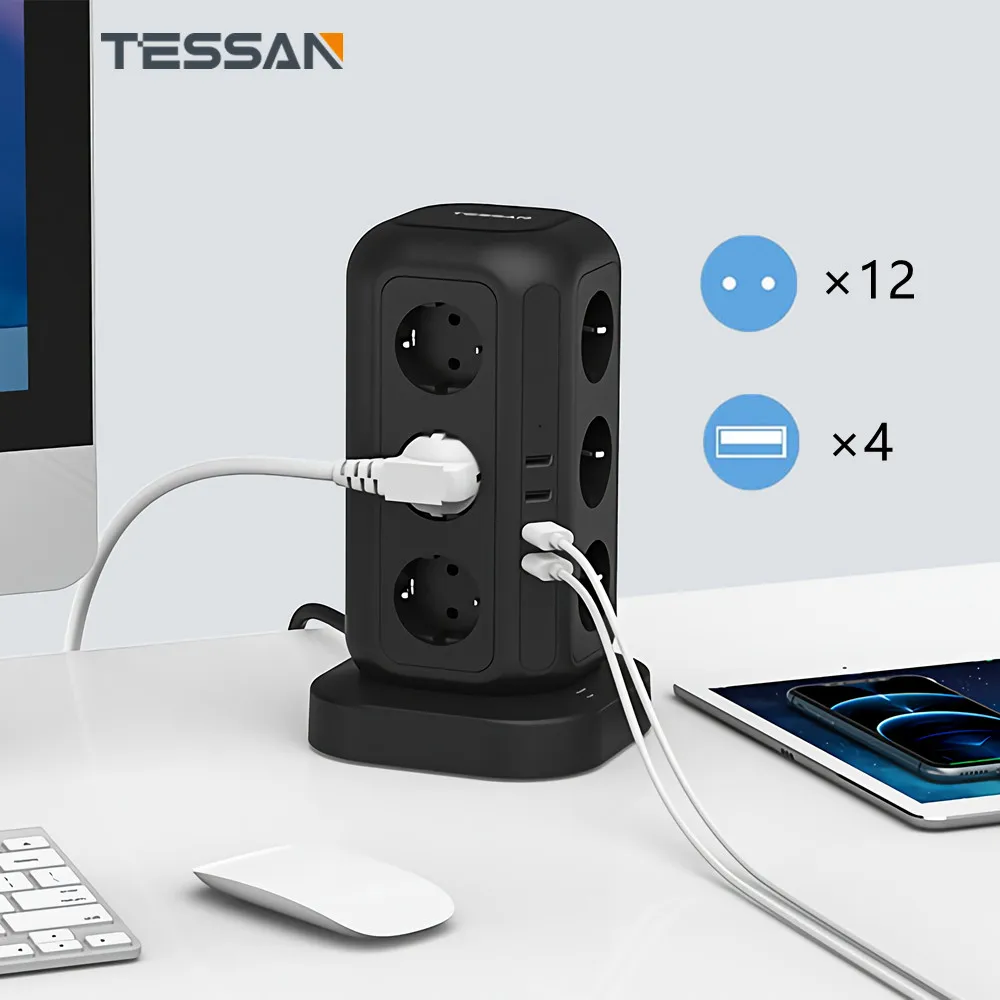 

TESSAN Vertical Power Strip Multiple Tower Socket Surge Protector EU Plug 12 Outlets with 4 USB Ports Switch 2m Extension Cable