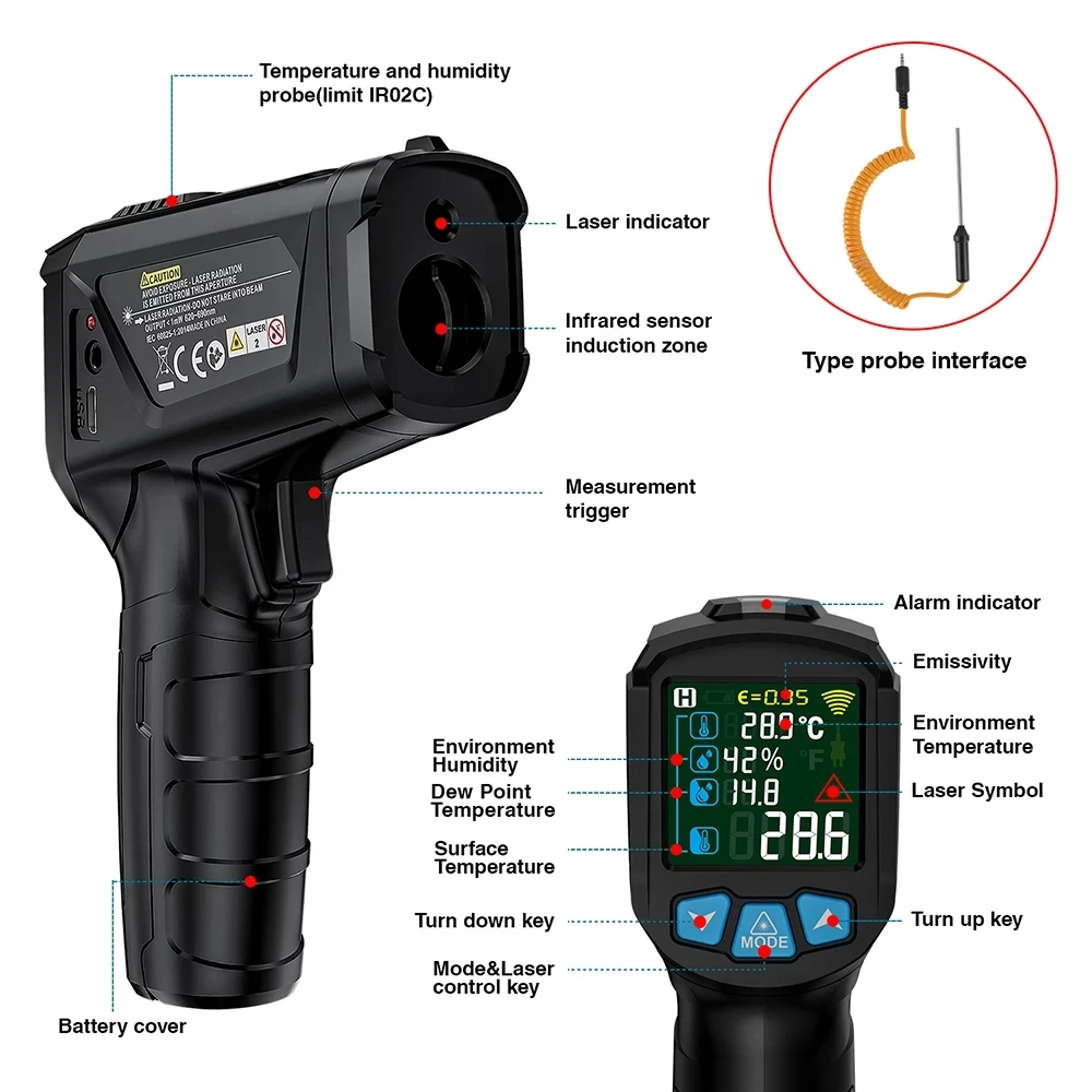 

2022 Digital Pyrometer Thermometer Humidity Meter Infrared Thermometre Hygrometer Temperature Thermostat Meter Drop Shipping