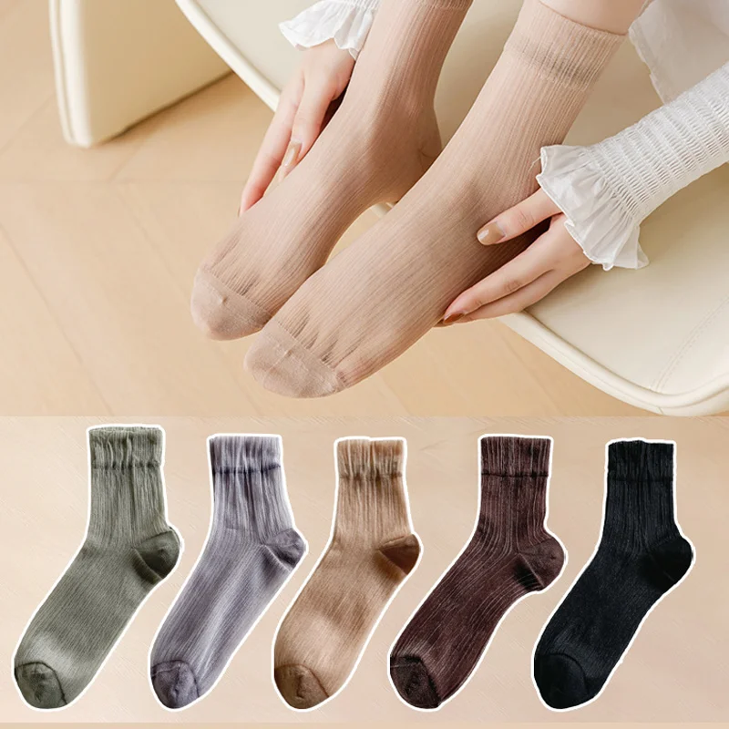 Summer Ultra-thin Silk Socks Women Anti-hook Silk Solid Breathable Crystal Invisible Socks Harajuku Designer Mid-tube Socks