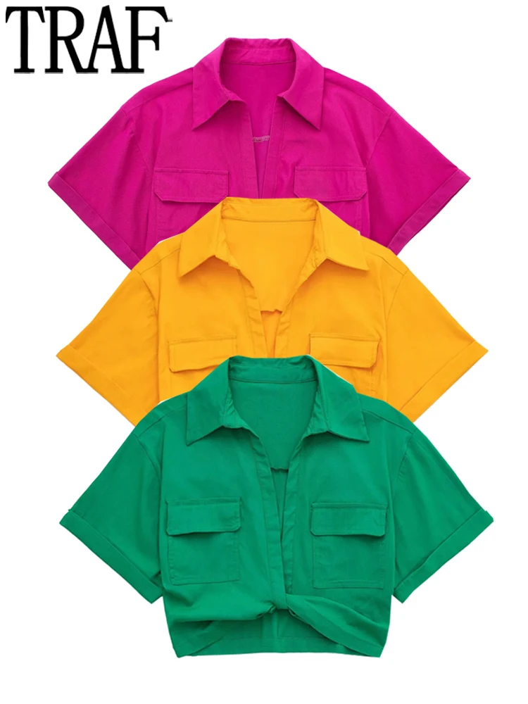 

TRAF 2022 Knot Green Crop Top Women Cropped Collared Shirt Woman Fashion Pocket Short Sleeve Top Female Streetwear Summer Blouse