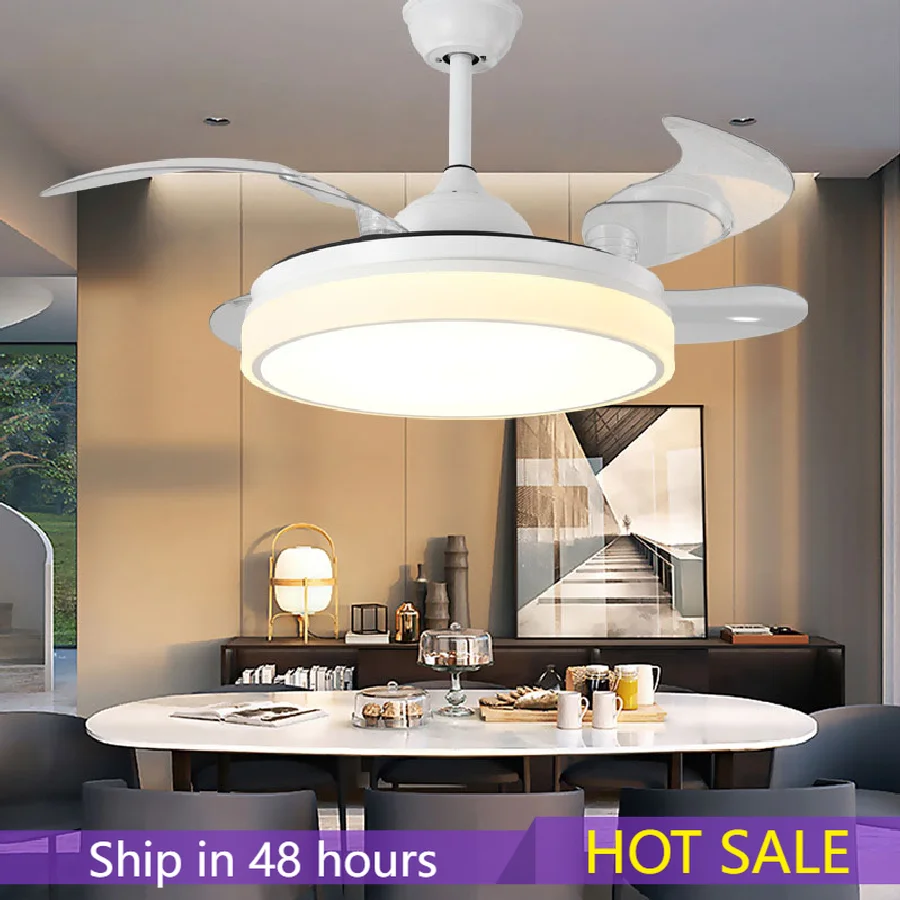 

White Modern Simple Nordic Intelligent LED Fan Lamp Bedroom Living Room Invisible Night Light Ceiling Fan Lamps