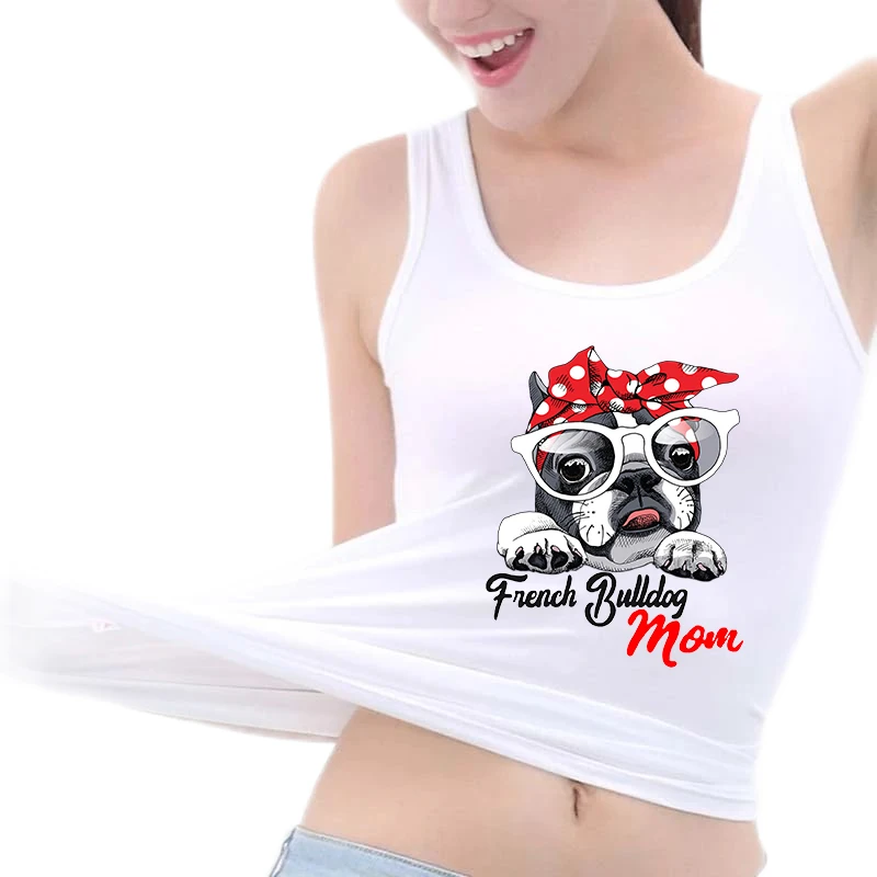 

France Bulldog Mom Wearing A Bow-Knot Tank Tops Women's Fashion Personality Breathable Crop Top Gym Fitness Camisole