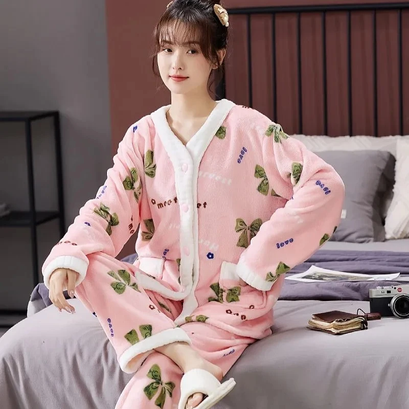 

Women Pyjamas Sets Winter Warm Flannel Pajamas Set For Women's Thick Coral Velvet Long Sleeve Fleece Sleepwear Homewear Pijama