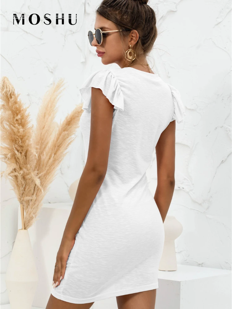 Summer Dress Women Ruffled Beach Bodycon Slim Sundress Casual Short-Sleeved Mini Green Short Vocation Vestido De Mujer |