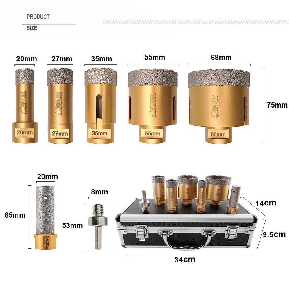 Алмазные сверла SHDIATOOL, набор из 7 насадок 20/27/35/55/68 мм, для фрезерных головки, с шестигранным адаптером, для плитки, М14